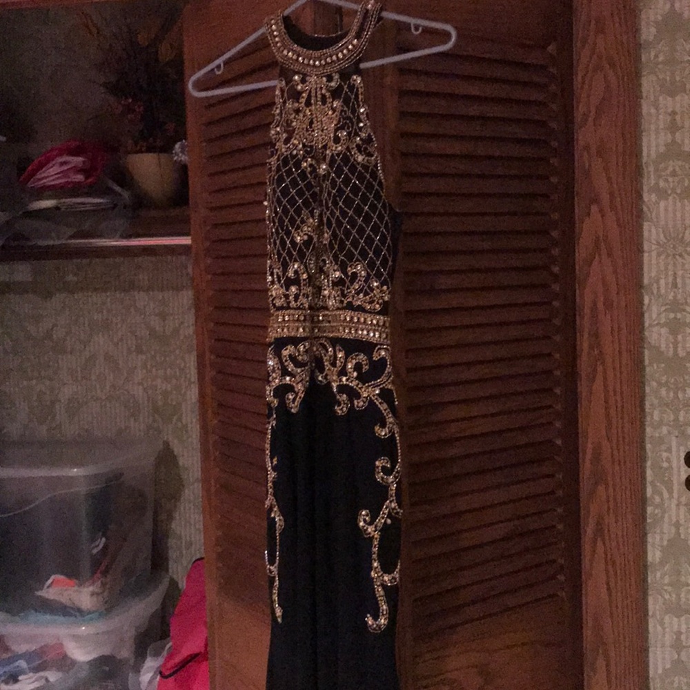 BLINGED OUT blacks and gold prom dress!! WORN ONCE